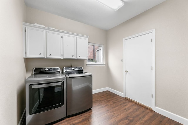 2308 Falcon Dr, Round Rock, TX 78681 - washroom featuring independent washer and dryer, cabinet space, dark wood finished floors, and baseboards