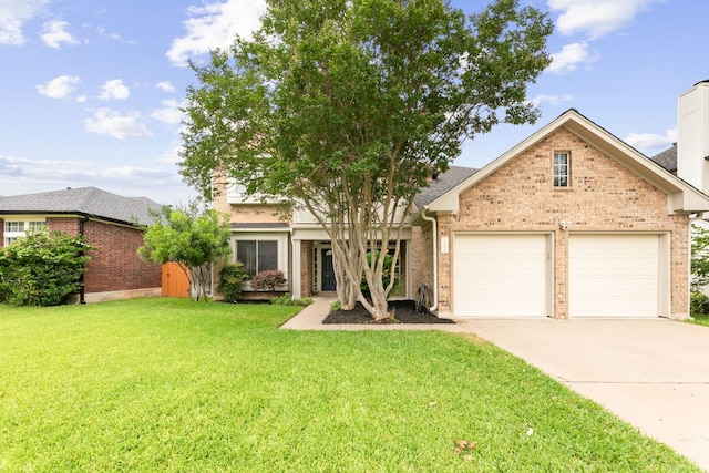 2308 Falcon Dr, Round Rock, TX 78681 - view of front of home with brick siding, a chimney, concrete driveway, a front lawn, and an attached garage