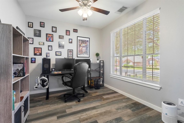 320 Ranier Ln, Round Rock, TX 78665 - office with wood finished floors, ceiling fan, and baseboards
