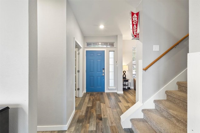 320 Ranier Ln, Round Rock, TX 78665 - foyer with stairway, wood-type flooring, and baseboards