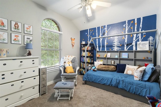 320 Ranier Ln, Round Rock, TX 78665 - carpeted bedroom with lofted ceiling, multiple windows, and a ceiling fan