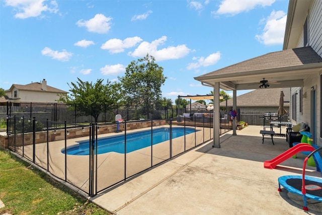 320 Ranier Ln, Round Rock, TX 78665 - view of swimming pool featuring a fenced backyard, a ceiling fan, and a patio
