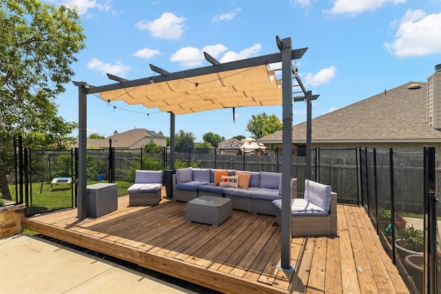 320 Ranier Ln, Round Rock, TX 78665 - wooden deck with an outdoor hangout area, a fenced backyard, and a pergola