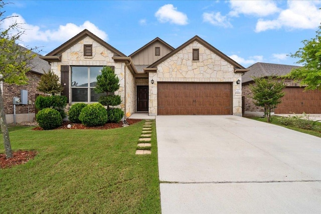 16513 Brogan Ln, Pflugerville, TX 78660 - french provincial home with stone siding, a garage, board and batten siding, driveway, and a front lawn
