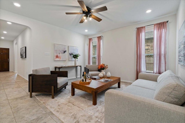 16513 Brogan Ln, Pflugerville, TX 78660 - living room featuring recessed lighting, a ceiling fan, baseboards, and light tile patterned floors