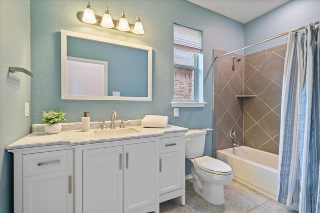 16513 Brogan Ln, Pflugerville, TX 78660 - bathroom featuring vanity, toilet, shower / bath combo, tile patterned floors, and a textured wall