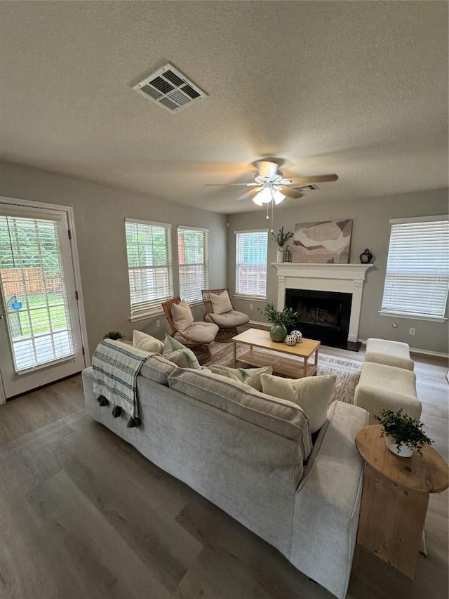 10301 Beard Ave, Austin, TX 78748 - living area featuring wood finished floors, a ceiling fan, a fireplace with raised hearth, a textured ceiling, and baseboards