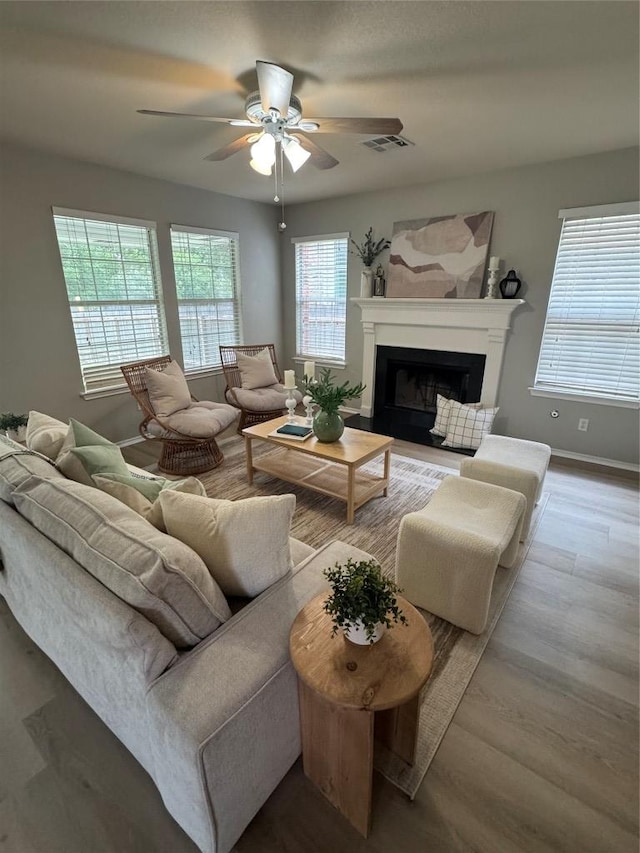10301 Beard Ave, Austin, TX 78748 - living area with a ceiling fan, a fireplace, baseboards, and wood finished floors