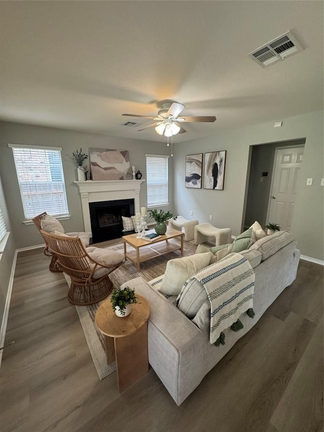 10301 Beard Ave, Austin, TX 78748 - living room with dark wood finished floors, a fireplace with raised hearth, and healthy amount of natural light