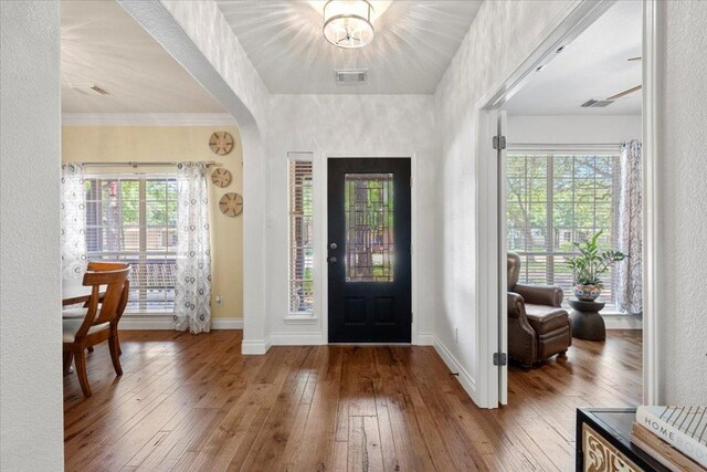 2713 Vaquera Ct, Round Rock, TX 78681 - foyer entrance featuring arched walkways, hardwood / wood-style flooring, healthy amount of natural light, and a chandelier