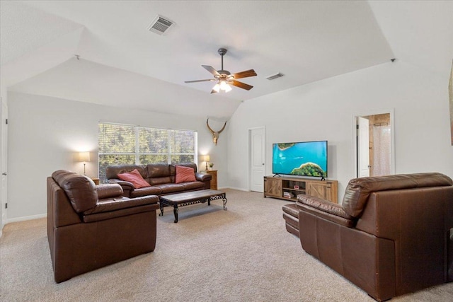 2713 Vaquera Ct, Round Rock, TX 78681 - living room featuring vaulted ceiling, carpet floors, and ceiling fan