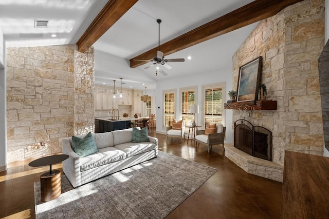 116 Horseshoe Dr, Dripping Springs, TX 78620 - living room featuring a fireplace, a ceiling fan, and recessed lighting