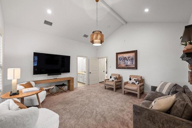 116 Horseshoe Dr, Dripping Springs, TX 78620 - living room with high vaulted ceiling, light carpet, beamed ceiling, and recessed lighting