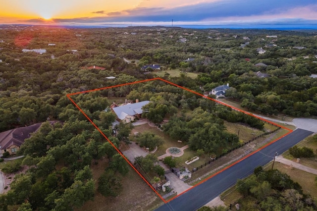 116 Horseshoe Dr, Dripping Springs, TX 78620 - aerial overview of property's location with property parcel outlined and a heavily wooded area