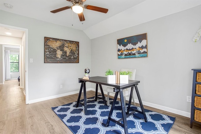 125 San Jacinto St, Bastrop, TX 78602 - office area with wood finished floors, a ceiling fan, and baseboards