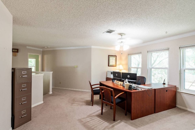 1202 Tremont Dr, Cedar Park, TX 78613 - office area featuring light colored carpet, healthy amount of natural light, ornamental molding, a textured ceiling, and ceiling fan