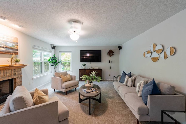 1202 Tremont Dr, Cedar Park, TX 78613 - living room with light colored carpet, a textured ceiling, and a fireplace