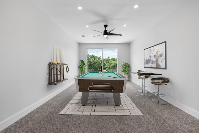 14804 Arrowhead Dr, Leander, TX 78641 - recreation room with carpet floors, recessed lighting, billiards, and ceiling fan