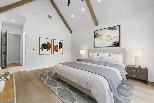 14804 Arrowhead Dr, Leander, TX 78641 - bedroom featuring recessed lighting, light wood-type flooring, beam ceiling, and high vaulted ceiling
