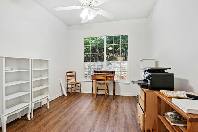308 Hills Of Texas Trl, Georgetown, TX 78633 - office area featuring wood finished floors, ceiling fan, and baseboards