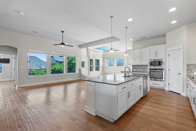 18716 Waltz Ct, Austin, TX 78738 - kitchen featuring stainless steel appliances, a sink, open floor plan, light wood-style floors, and white cabinets