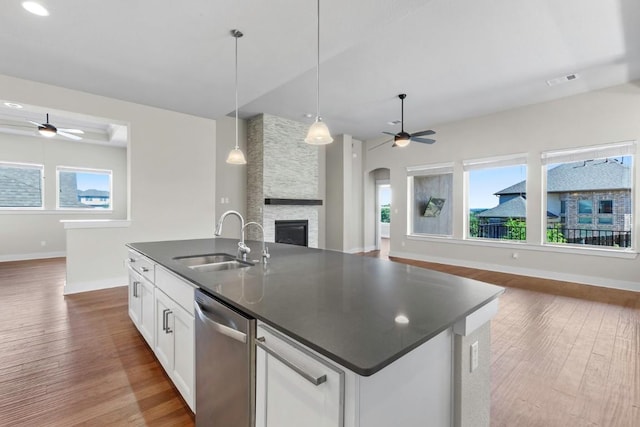 18716 Waltz Ct, Austin, TX 78738 - kitchen with dishwasher, a sink, open floor plan, and ceiling fan