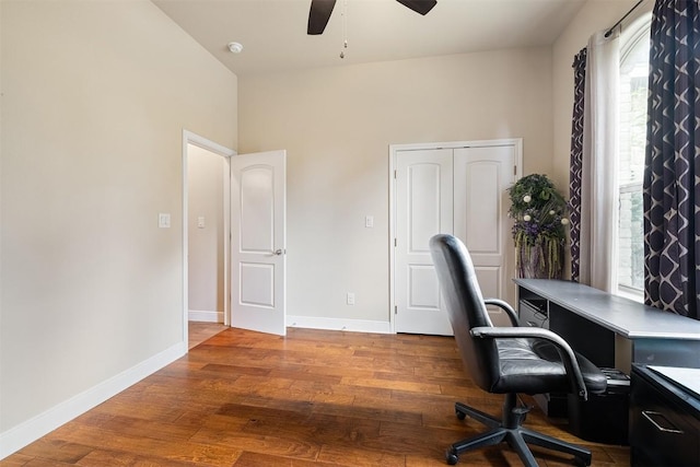 108 Kaliu Ct, Bastrop, TX 78602 - home office with ceiling fan, plenty of natural light, and wood finished floors