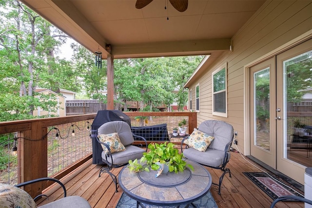 108 Kaliu Ct, Bastrop, TX 78602 - wooden deck featuring a ceiling fan and french doors