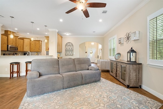 108 Kaliu Ct, Bastrop, TX 78602 - living area with a ceiling fan, arched walkways, healthy amount of natural light, wood finished floors, and ornamental molding