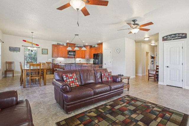 600 Augusta Cir N, Point Venture, TX 78645 - living room featuring ceiling fan, baseboards, light tile patterned floors, and recessed lighting
