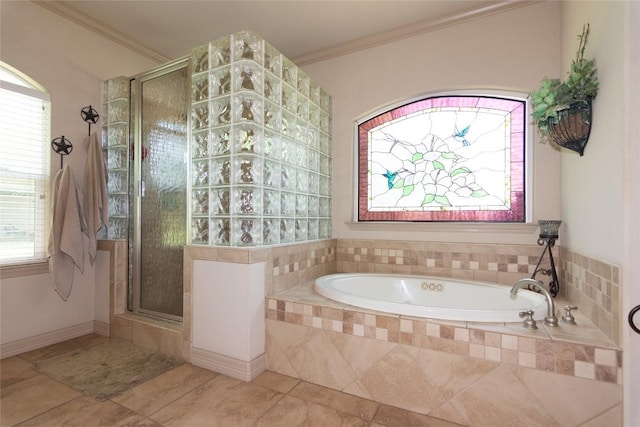 1265 Mourning Dove Ct, Salado, TX 76571 - full bathroom with a shower stall, a garden tub, ornamental molding, and tile patterned flooring