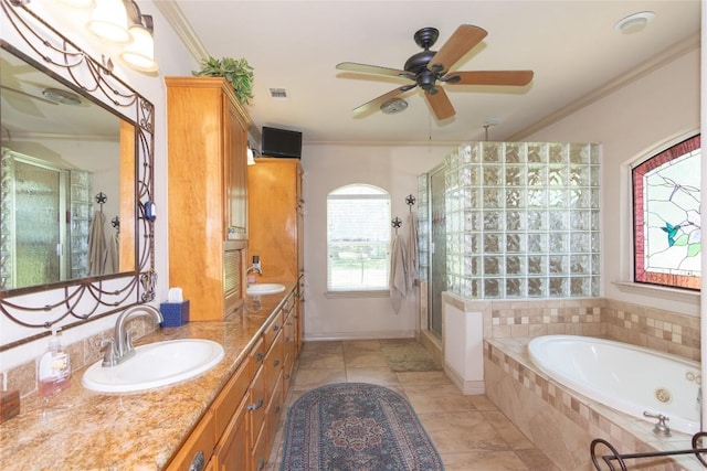 1265 Mourning Dove Ct, Salado, TX 76571 - bathroom featuring a shower stall, crown molding, a bath, double vanity, and a ceiling fan