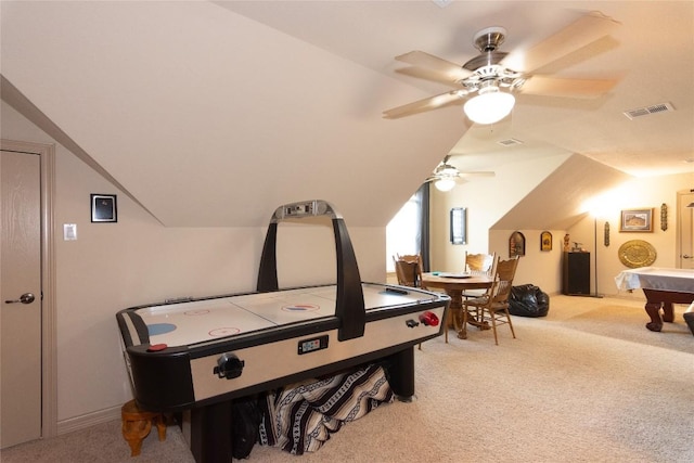 1265 Mourning Dove Ct, Salado, TX 76571 - recreation room featuring carpet flooring, a ceiling fan, and vaulted ceiling
