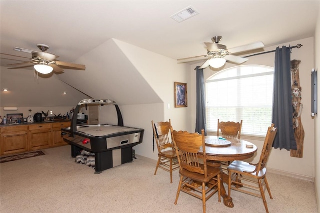 1265 Mourning Dove Ct, Salado, TX 76571 - dining room with a ceiling fan, light colored carpet, baseboards, and vaulted ceiling