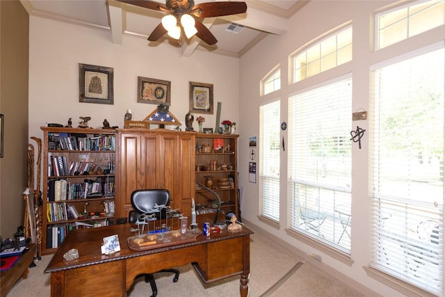 1265 Mourning Dove Ct, Salado, TX 76571 - carpeted office with a ceiling fan, beam ceiling, and ornamental molding