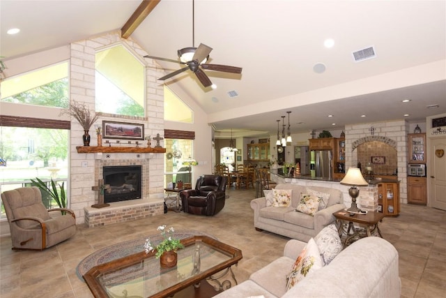 1265 Mourning Dove Ct, Salado, TX 76571 - living area featuring a brick fireplace, high vaulted ceiling, ceiling fan, light tile patterned flooring, and beam ceiling