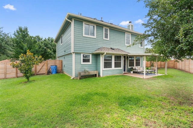 14708 Single Trce, Austin, TX 78728 - rear view of house featuring a chimney, a patio, and an outdoor hangout area