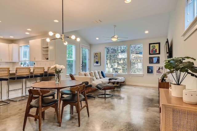 3001 Del Curto Rd Unit 11, Austin, TX 78704 - dining room featuring concrete flooring, healthy amount of natural light, a ceiling fan, recessed lighting, and lofted ceiling