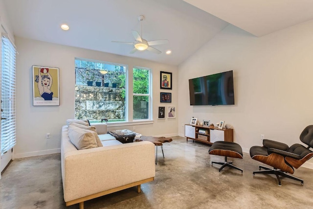 3001 Del Curto Rd Unit 11, Austin, TX 78704 - living room featuring finished concrete flooring, baseboards, ceiling fan, vaulted ceiling, and recessed lighting