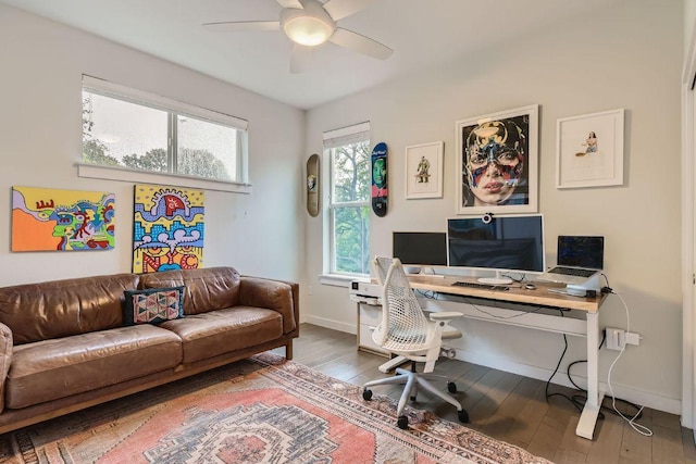 3001 Del Curto Rd Unit 11, Austin, TX 78704 - home office with baseboards, hardwood / wood-style floors, and a ceiling fan
