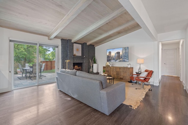 6610 Greensboro Dr, Austin, TX 78723 - living area featuring dark wood-style flooring, a fireplace, and wood ceiling