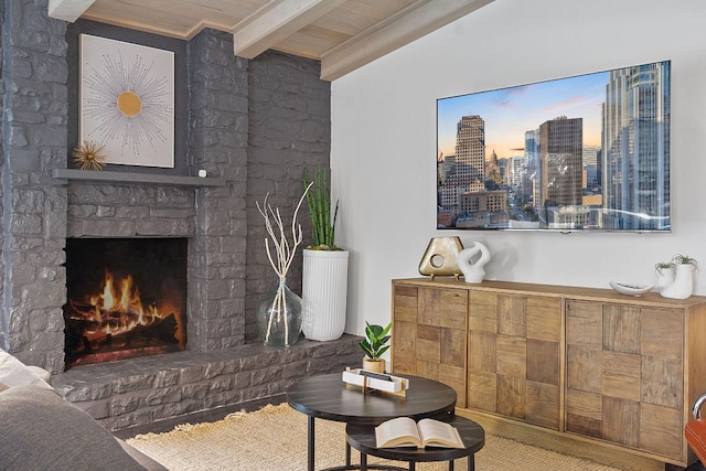 6610 Greensboro Dr, Austin, TX 78723 - sitting room featuring a fireplace and a wooden ceiling with exposed beams