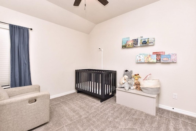 311 Westfield St, Hutto, TX 78634 - bedroom featuring a nursery area, carpet, vaulted ceiling, and a ceiling fan