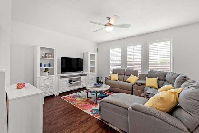 7212 Summer Tanager Dr Unit 28, Austin, TX 78744 - living room featuring ceiling fan and dark wood-style floors