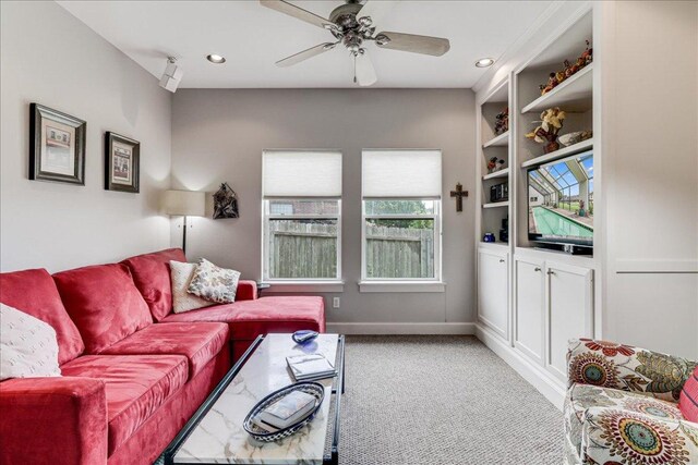 14722 Beal Dr, Corpus Christi, TX 78410 - living room with light carpet, ceiling fan, baseboards, and recessed lighting