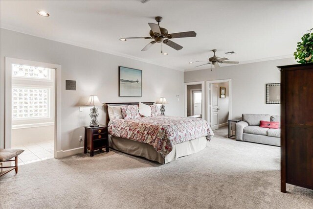 14722 Beal Dr, Corpus Christi, TX 78410 - carpeted bedroom with baseboards, ornamental molding, recessed lighting, a ceiling fan, and ensuite bathroom