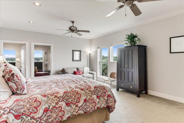 14722 Beal Dr, Corpus Christi, TX 78410 - bedroom featuring light carpet, baseboards, ceiling fan, recessed lighting, and ornamental molding