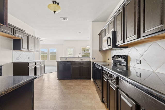 1105 Hawkeye Point Rd, Georgetown, TX 78626 - kitchen featuring black appliances, a sink, dark brown cabinetry, tasteful backsplash, and a peninsula