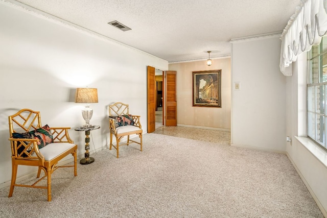 3503 Carla Dr, Austin, TX 78754 - sitting room featuring a textured ceiling, ornamental molding, and carpet floors