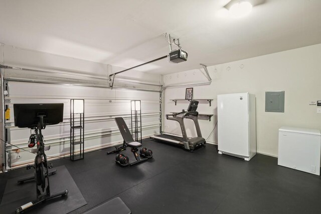 408 Rainmaker Ln, Bastrop, TX 78602 - exercise area featuring a garage and electric panel